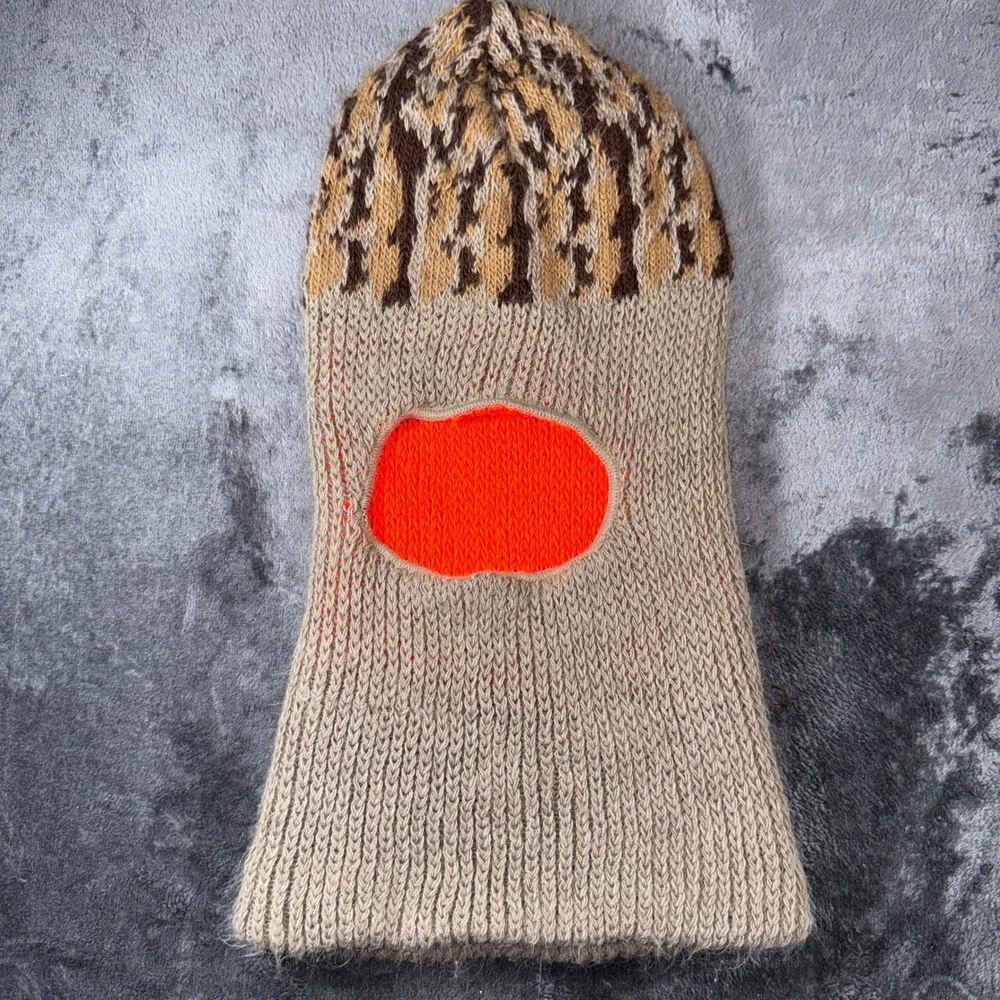 Handmade Reversible Knit Balaclava Face Mask Tan Brown Pattern Neon Orange Camo